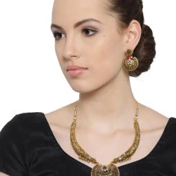 Zaveri Pearls Golden & Red Alloy Classic Necklace & Earring Set-picture-42