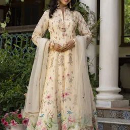 Scakhi Off White Dola Silk Floral Print Anarkali Gown With Net Embroidered Dupatta-image-3