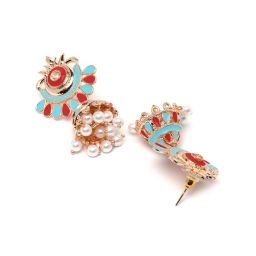 Karatcart Rose Gold-Plated Red And Light Blue Meena Jhumki Earrings for Women image 5