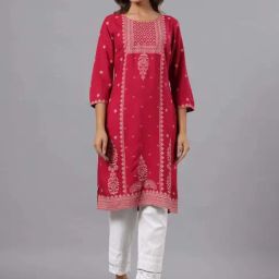 Juniper Fuchsia Ethnic Motif Printed Rayon Knee Length Straight Kurta With Sequins-image-44