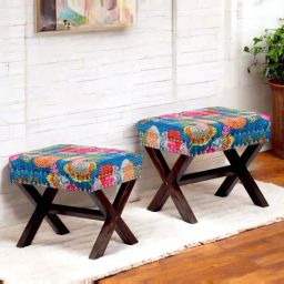Ikiriya Rosslyn Blue Sheesham Wood Century Ottomans in Dark Mahogany Finish-image-21