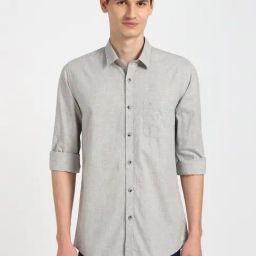 Peter England Grey Cotton Slim Fit Textured Shirt-image-14