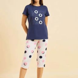 Sweet Dreams Navy & White Cotton Printed T-Shirt Capris Set-image-96