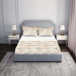 Spaces Essentials AW24 138 White & Brown Viscose 138 TC Double Bedsheet with 2 Pillow Covers-2