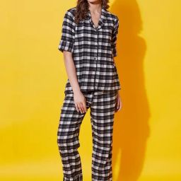 The Kaftan Company Black Cotton Regular Fit Chequered Top Pyjamas Set-image-77