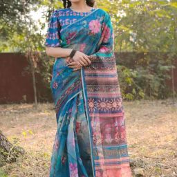 MIRCHI FASHION Blue Floral Print Saree With Unstitched Blouse-picture-11