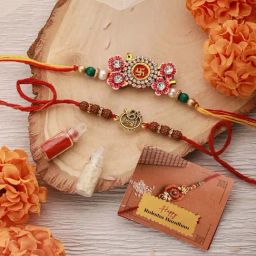 Saraf RS Jewellery Set Of 2 OM & Swastik Ethnic Rudraksh Handcrafted Thread Rakhi With Roli Chawal-34