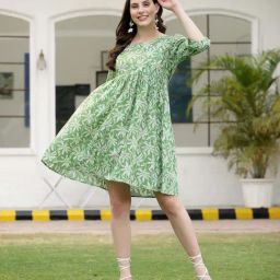 Stylum Green Cotton Printed A-Line Dress-image-22