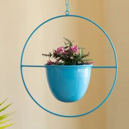 ExclusiveLane Blue Bliss Sky Blue Iron Hanging Planter Pot With Holder-image-0