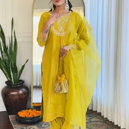 URMIR FASHION Women Ethnic Motifs Embroidered Regular Thread Work Kurta with Trousers & With Dupatta-picture-2