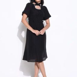 SHOWOFFFF Black Cotton Solid Short Sleeves Fit & Flare Dress-image-9