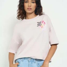 People By Pantaloons Cloud Pink Cotton Relaxed Fit T-Shirt-picture-26