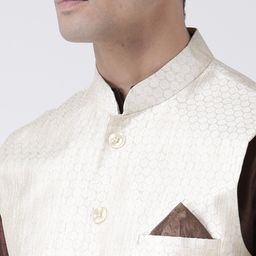 DEYANN Men Cream-Coloured & Brown Solid Kurta with Dhoti Pants and Nehru Jacket image 3