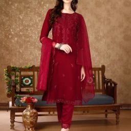 BERRYLICIOUS Maroon Pakistani Sequinned Embroidered Kurta with Pant & Dupatta-image-3