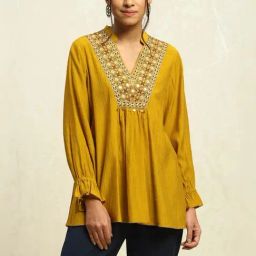Biba Mustard Embroidered A Line Short Kurti-image-65