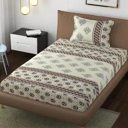 Lunar Days Cream & Brown Ethnic Motifs 160 TC Microfiber Single Bedsheet & Pillow Cover-picture-17
