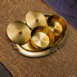 Ambi Ambi Mandala Design Pure Brass Inlay Spice / Nut Storage Boxes Serving Tray - 3 Pcs Set-image-71
