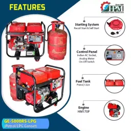 HPM Petrol and LPG 17.5 Amp Recoil & Self Start Portable Generator with In-Build Battery 4.5 kVA, GE-5000RS-LPG image 2