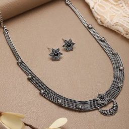 Aatmana Silver-Toned Red Stone Studded & Pearl Beaded Oxidised Necklace Set-3