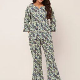 Moomaya Yellow Cotton Printed Top With Pyjamas-image-61
