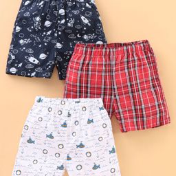 Babyhug Knee Length Cotton Quick Dry Boxers Check Submarine And Space Print Pack Of 3 - Blue Red White-image-37