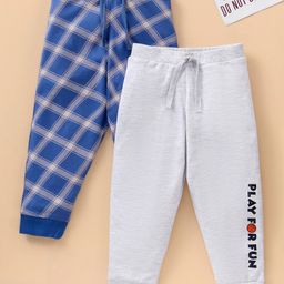 Babyhug Cotton Full Length Lounge Pants Checks & Text Print Pack of 2- Grey Navy-image-49