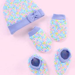 Babyhug 100% Cotton Abstract Printed Cap Mittens & Booties Purple - Diameter 10 cm-image-12