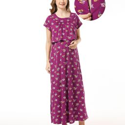 Bella Mama 100% Cotton Knit Half Sleeves Nighty with Concealed Zipper Floral Print - Purple-picture-37