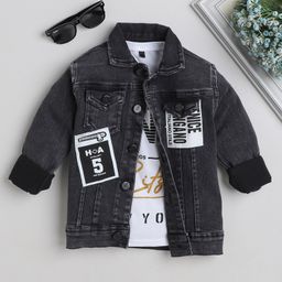 Ministitch Full Sleeves Patch Detailed Denim Jacket With Text Printed Tee - Black-image-16