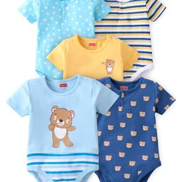 Babyhug 100% Cotton Knit Half Sleeves Onesies Stripes & Bear Print Pack Of 5 - Blue Yellow & White-image-54