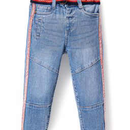 Babyhug Cotton Full Length Stretchable Denim Washed Jeans with Cut & Sew Design & Side Tape Detailing - Blue-image-63