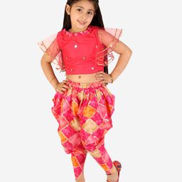 KID1 Flutter Sleeves Sequin Embellished Crop Top & Foil Printed Dhoti - Pink-image-20