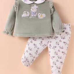 ToffyHouse 100% Cotton Knit Full Sleeves Peter Pan Collared Top & Printed Footed Leggings Set with Frill Detailing & Bunny Embroidery - Olive Green-image-13