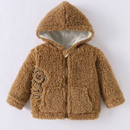 Kookie Kids Full Sleeves Hooded Fur Winter Jacket With Bear Embroidery - Brown-picture-18
