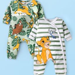 Babyhug Disney Interlock Knit Full Sleeves Rompers With Lion King Graphics Pack of 2 - White & Green-image-65