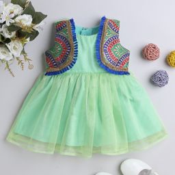 Many frocks & Sleeveless Solid Net Dress With Abstract Embroidered Attached Shrug - Green-image-84