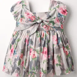 ToffyHouse Cotton Woven Half Sleeves Party Dress With Floral Print - Silver-picture-39