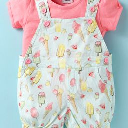 Wonderchild Ice Cream Printed Dungaree With Half Puffed Sleeves Solid Top - Peach-5