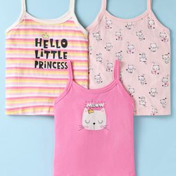 Revvo Junior KnitCotton Sleeveless Slips with Text & Cat Print Pack of 3 - Peach & Pink-image-14