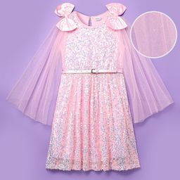 Hola Bonita Knit Cape Sleeves Glitter Mesh Party Dress With Sequinned Yoke & Bow Applique - Pink-image-84