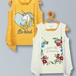 Plum Tree Pure Cotton Pack Of 2 Sleeveless Unicorn Glitter Printed Top With Attached Floral Lace Shrug Top - Yellow & White-image-94