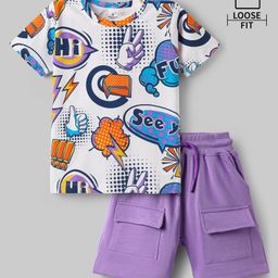 OLLINGTON ST. Cotton Knit Half Sleeves Text Printed T-Shirt & Knit Shorts - Purple & White-image-73