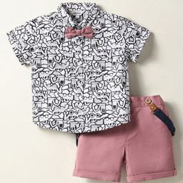 ToffyHouse Poplin Woven Half Sleeves Vehicle Printed Shirt & Shorts Set with Bow & Suspender - Rose Gold & White-image-53