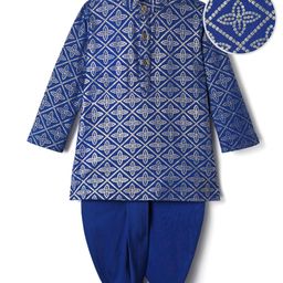 EARTHY TOUCH Single Jersey Knit Mandarin Collar Full Sleeves Dhoti Kurta Set With Foil Print - Blue-image-81