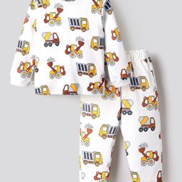 Bonfino 100% Cotton Knit Full Sleeves Co-ords Night Suit with Vehicle Print - White-image-45