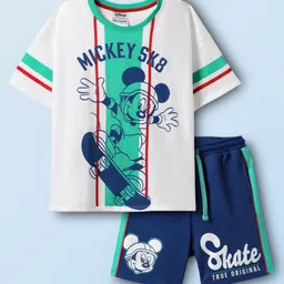 HoneyHap Disney Terry Knit Half Sleeves Drop Shoulder T-Shirt With Shorts & Mickey Mouse Graphics - White & Navy Blue-image-63