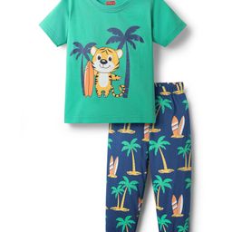 Babyhug Cotton Knit Half Sleeves Night Suit With Tropical Theme Print - Green & Navy Blue-image-71