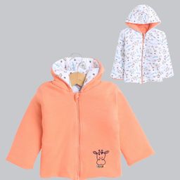 BUMZEE Cotton Knit Full Sleeves Animals Printed & Embroidered Hooded Reversible Jacket - Orange & White-image-96