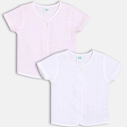 MINI KLUB Cotton Knit Pack Of 2 Half Sleeves Checked & Waves Printed Jhablas - Pink & White-picture-45