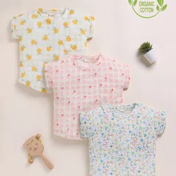 Cot & Candy Organic Muslin Cotton Knit Pack Of 3 Half Sleeves Checked & Floral Printed Tops - Orange Strawberry & Spring-picture-9